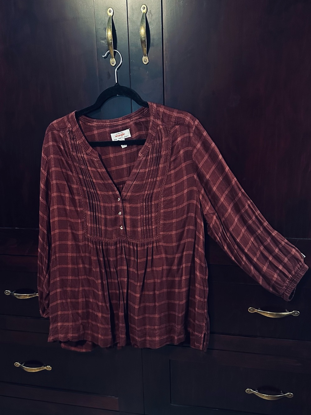 Wrangler Rust Plaid Pintuck Peasant Tunic